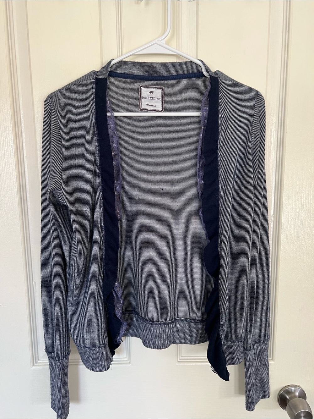 Poof Excellence Striped Ruffle Open Cardigan Navy Medium